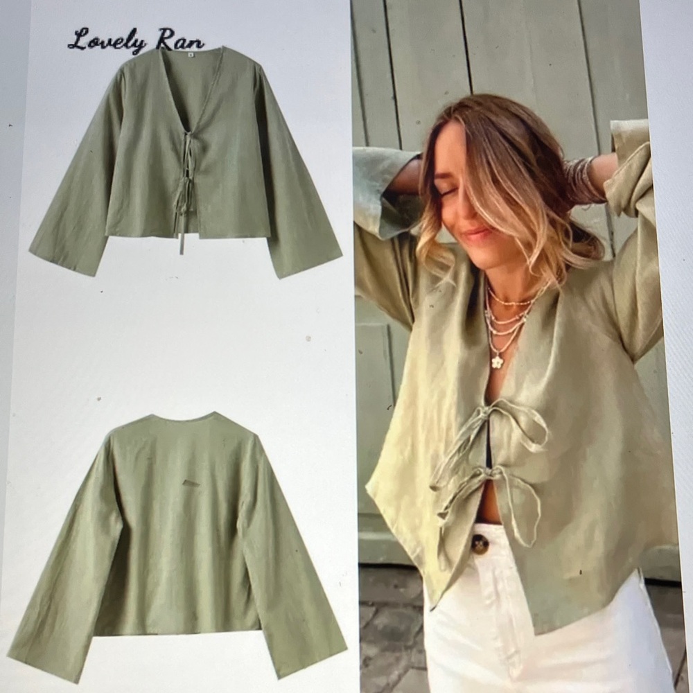 Tie front deep v neck bow lace up jacket NWOT
